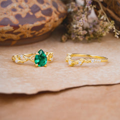 Woodland Style 6 Prong Pear Shaped Emerald Wedding Ring