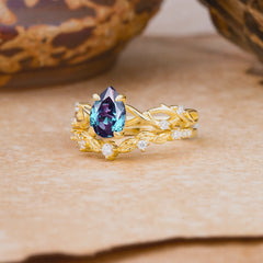 Woodland Style 6 Prong Pear Shaped Alexandrite Wedding Ring