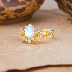 Woodland Style 6 Prong Pear Shaped Moonstone Wedding Ring