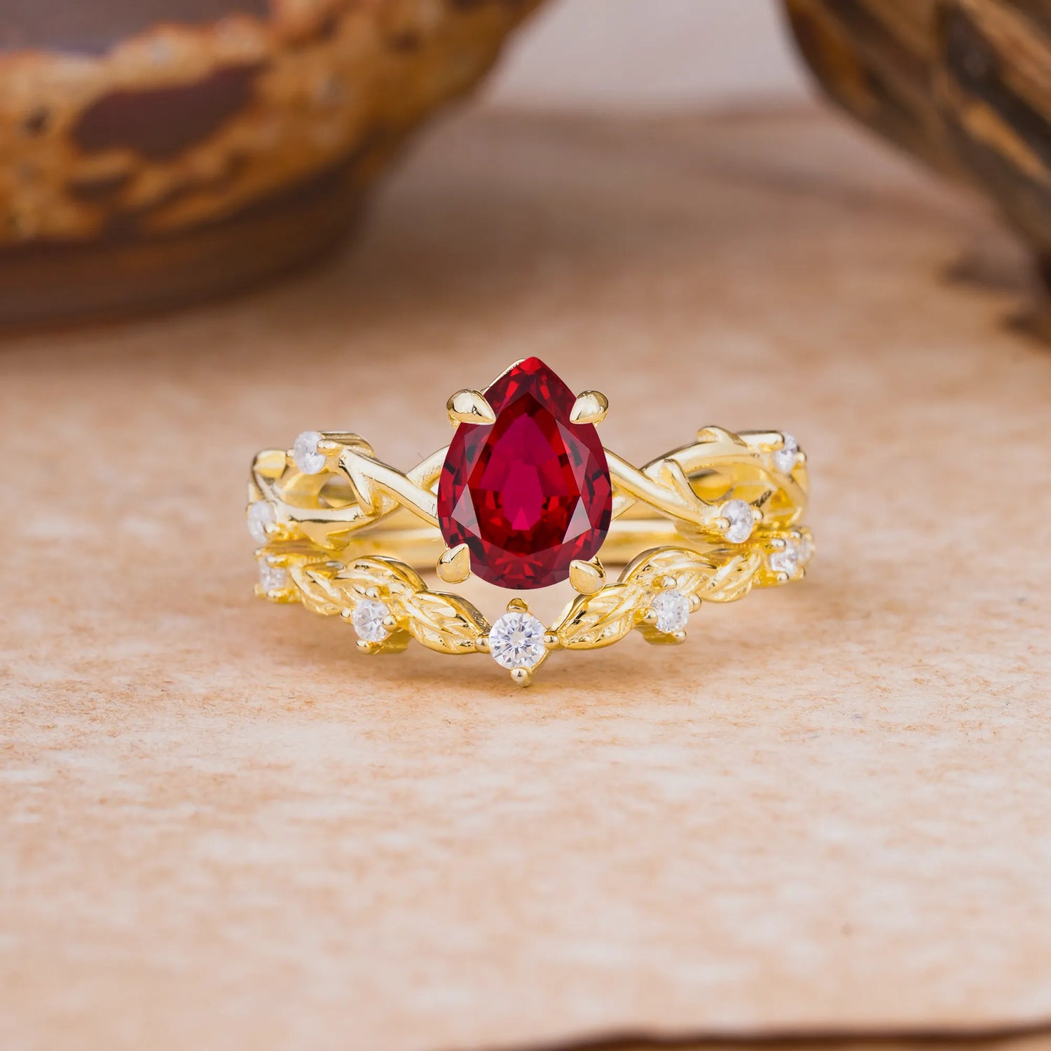 Woodland Style 6 Prong Pear Shaped Ruby Bridal Ring Set