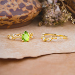 Woodland Style 6 Prong Pear Shaped Peridot Wedding Ring