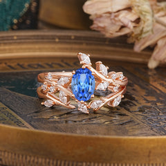 Romantic Nature-inspired 4-Prong Oval Cut Sapphire Stacking Ring