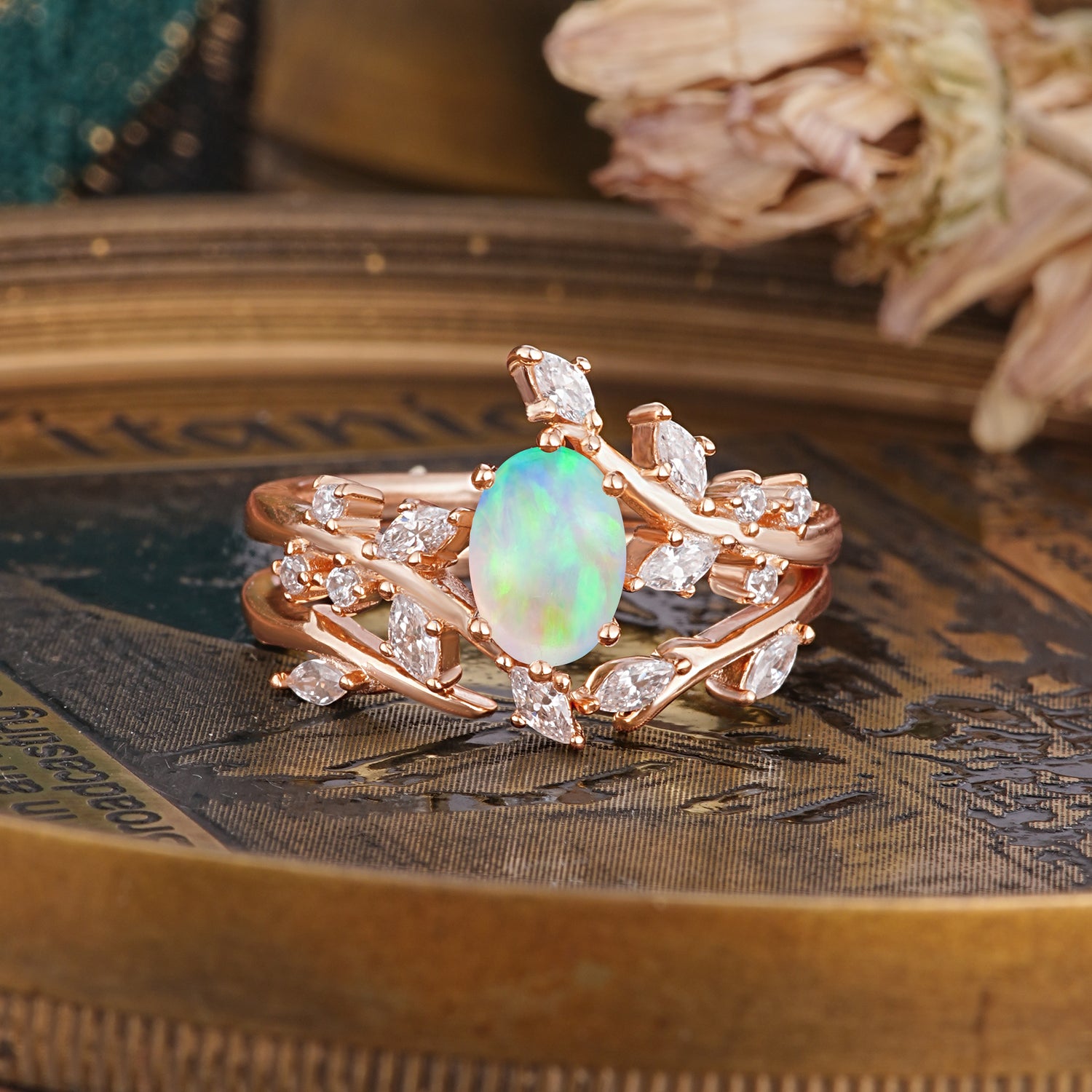 Romantic Nature-inspired 4-Prong Oval Cut Opal Bridal Ring Set