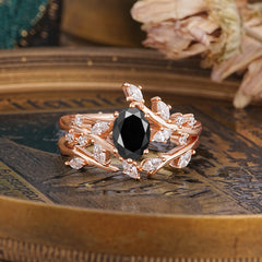 Romantic Nature-inspired 4-Prong Oval Cut Black Onyx Stacking Ring