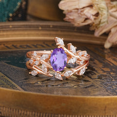 Romantic Nature-inspired 4-Prong Oval Cut Amethyst Stacking Ring