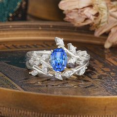 Romantic Nature-inspired 4-Prong Oval Cut Sapphire Stacking Ring