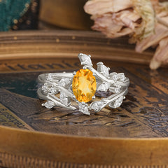 Romantic Nature-inspired 4-Prong Oval Cut Citrine Stacking Ring