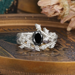 Romantic Nature-inspired 4-Prong Oval Cut Black Onyx Stacking Ring