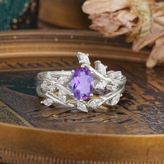 Romantic Nature-inspired 4-Prong Oval Cut Amethyst Stacking Ring