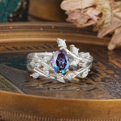 Romantic Nature-inspired 4-Prong Oval Cut Alexandrite Stacking Ring