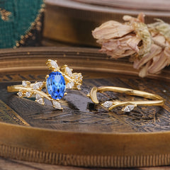 Romantic Nature-inspired 4-Prong Oval Cut Sapphire Stacking Ring