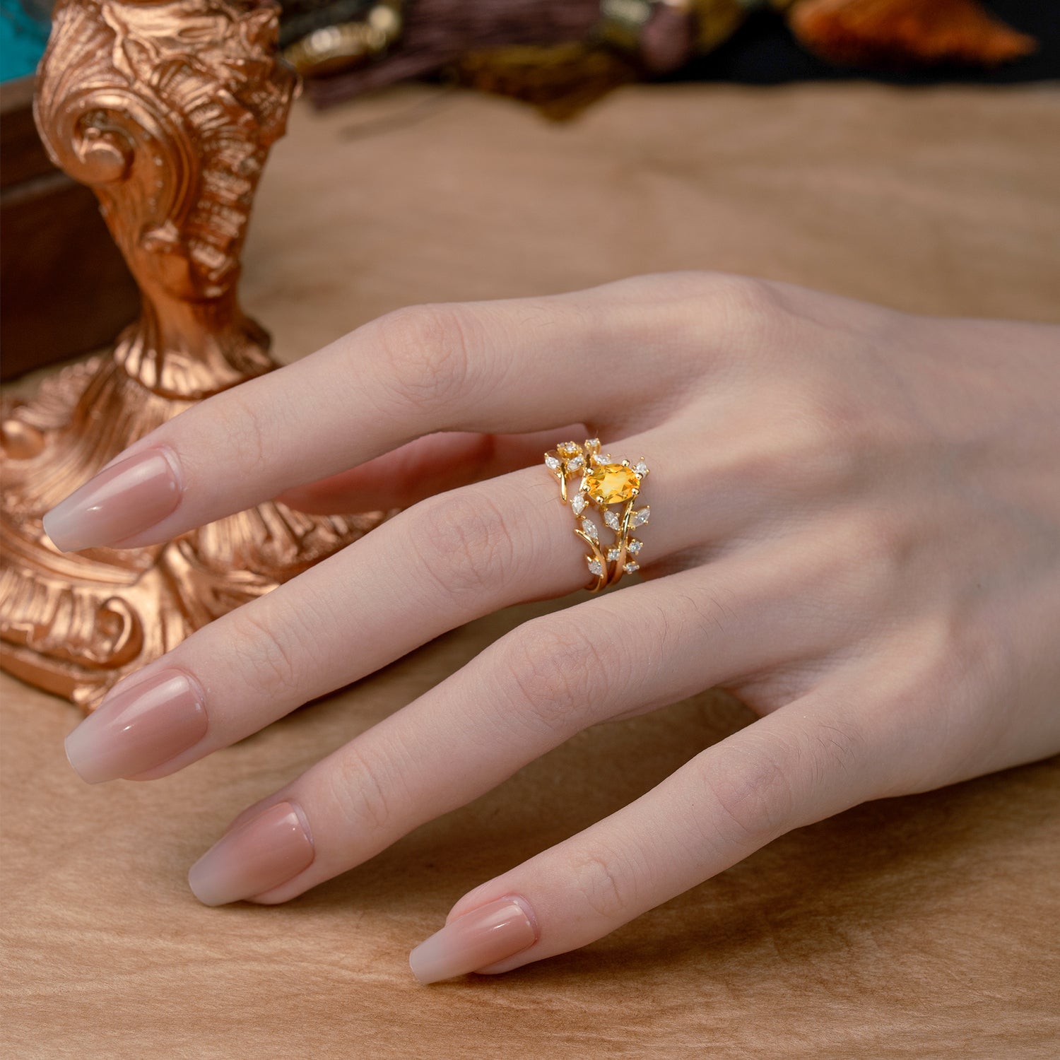 Romantic Nature-inspired 4-Prong Oval Cut Citrine Bridal Ring Set