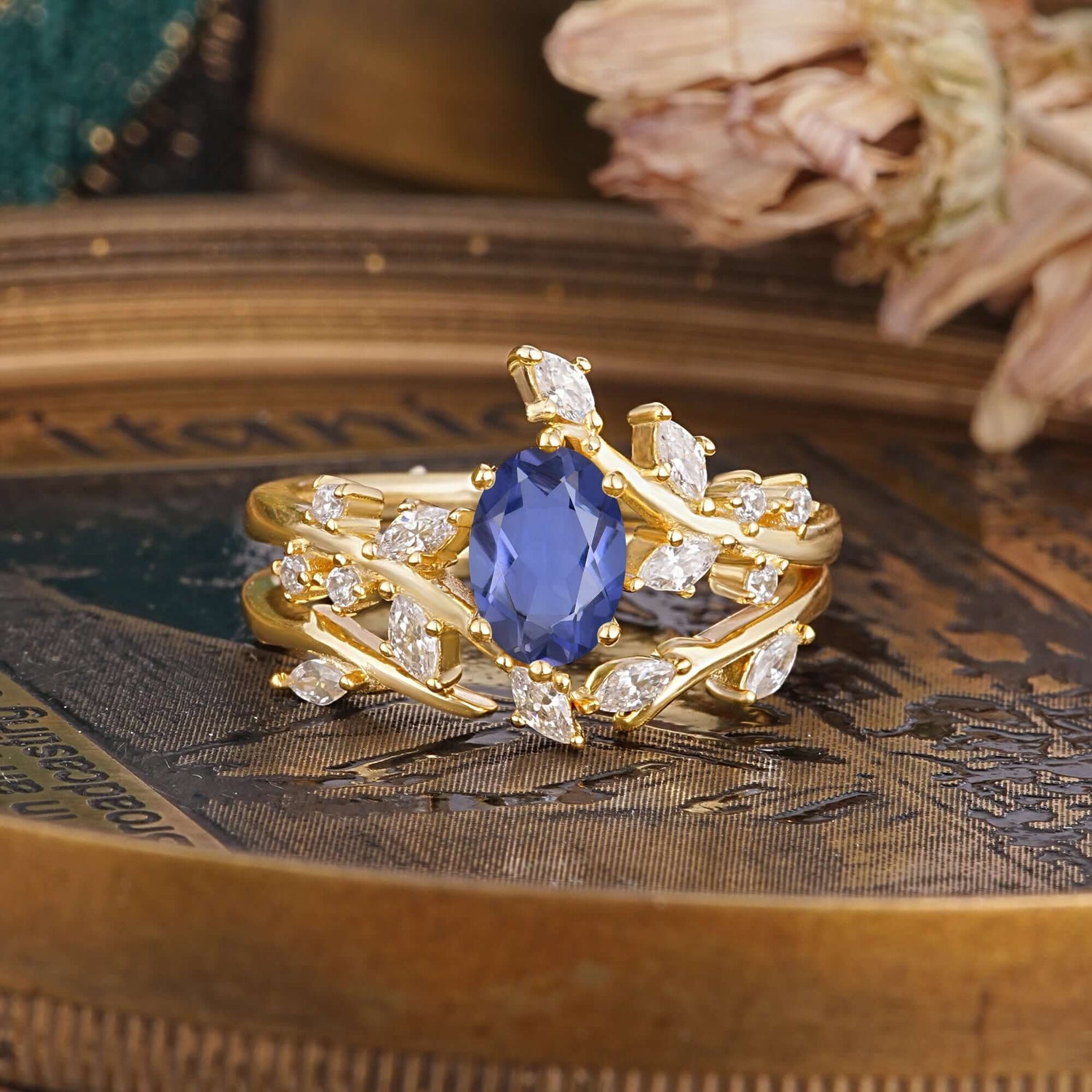 Romantic Nature-inspired 4-Prong Oval Cut Tanzanite Bridal Ring Set - Romalar Jewelry