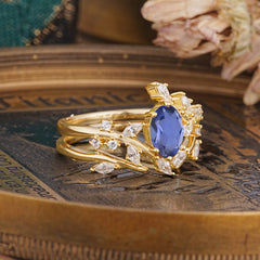 Romantic Nature-inspired 4-Prong Oval Cut Tanzanite Stacking Ring