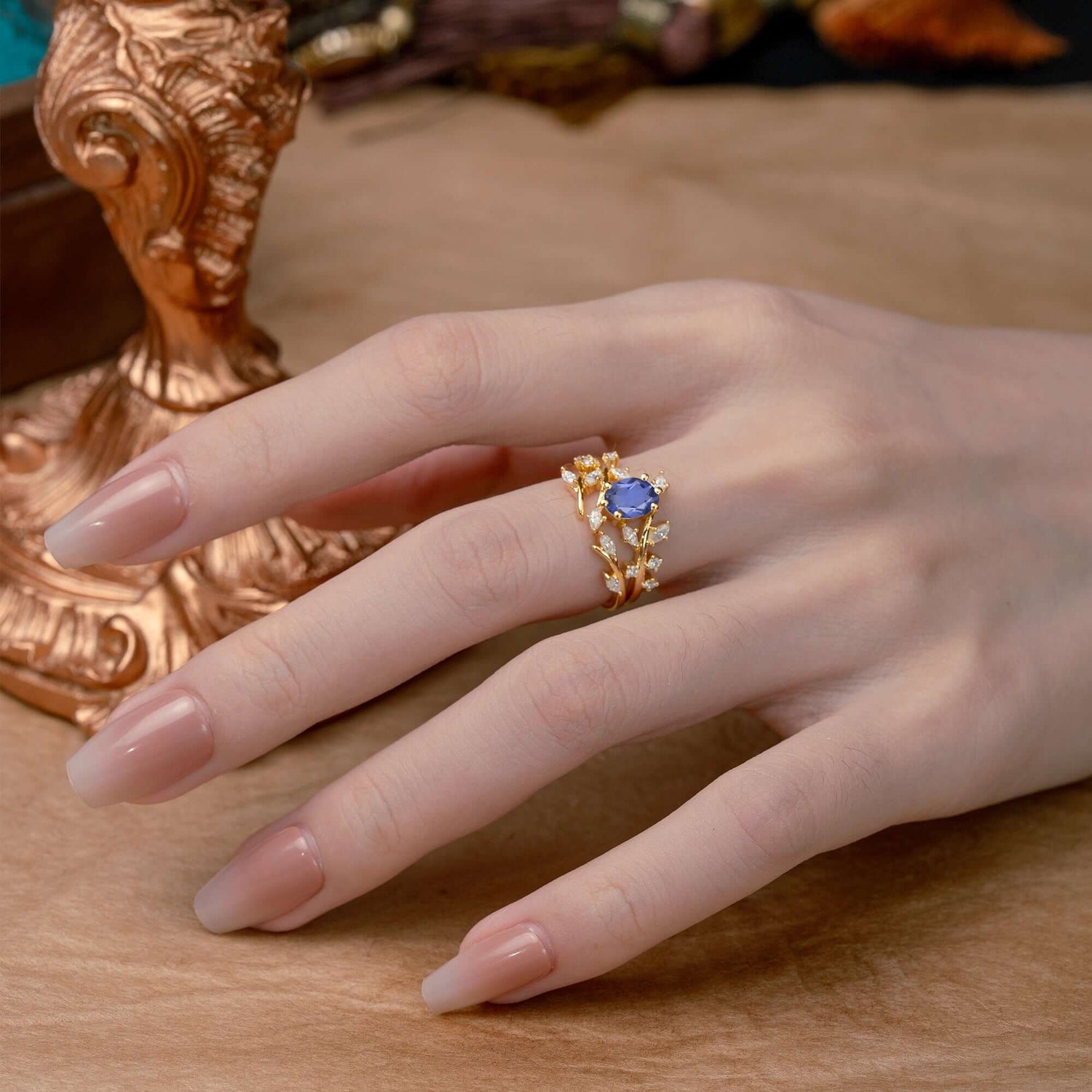 Romantic Nature-inspired 4-Prong Oval Cut Tanzanite Bridal Ring Set - Romalar Jewelry