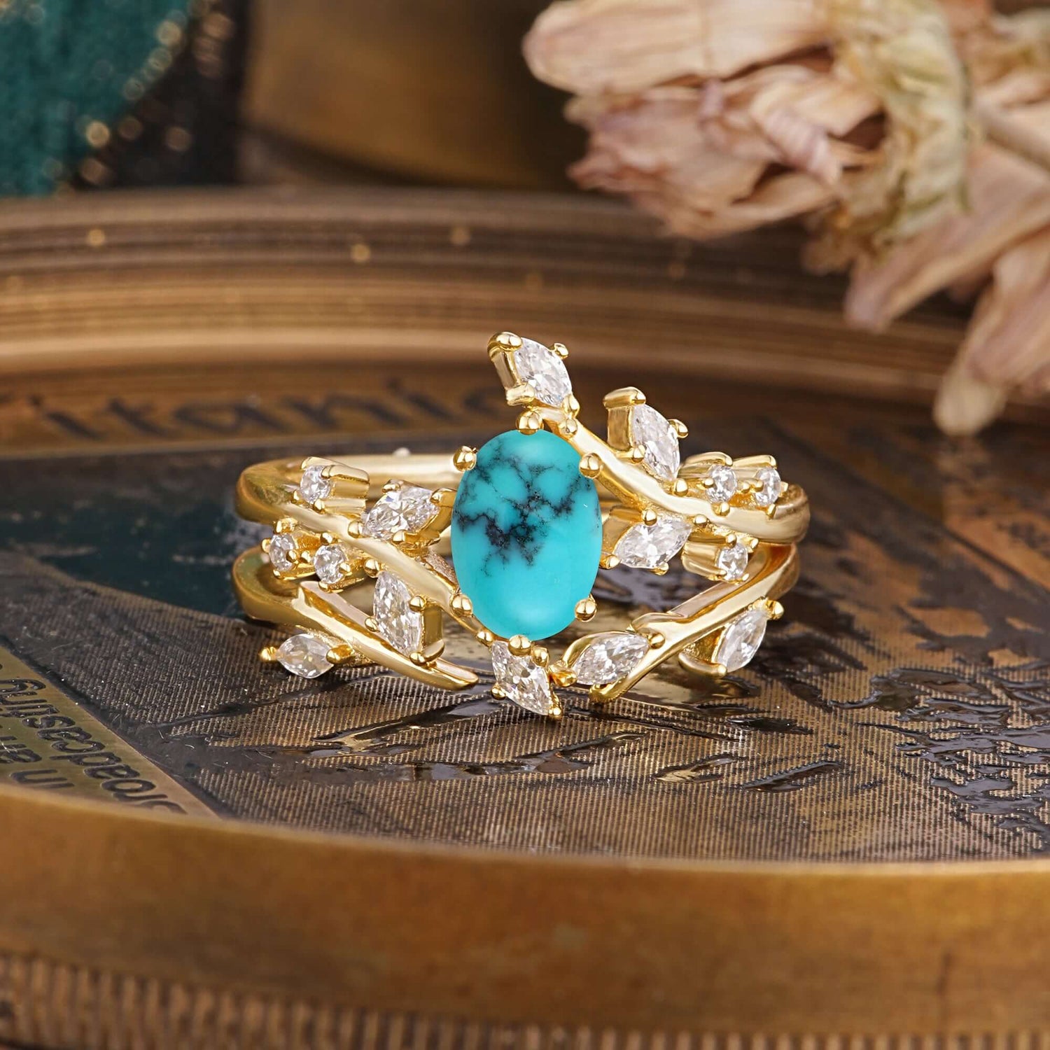 Romantic Nature-inspired 4-Prong Oval Cut Turquoise Bridal Ring Set