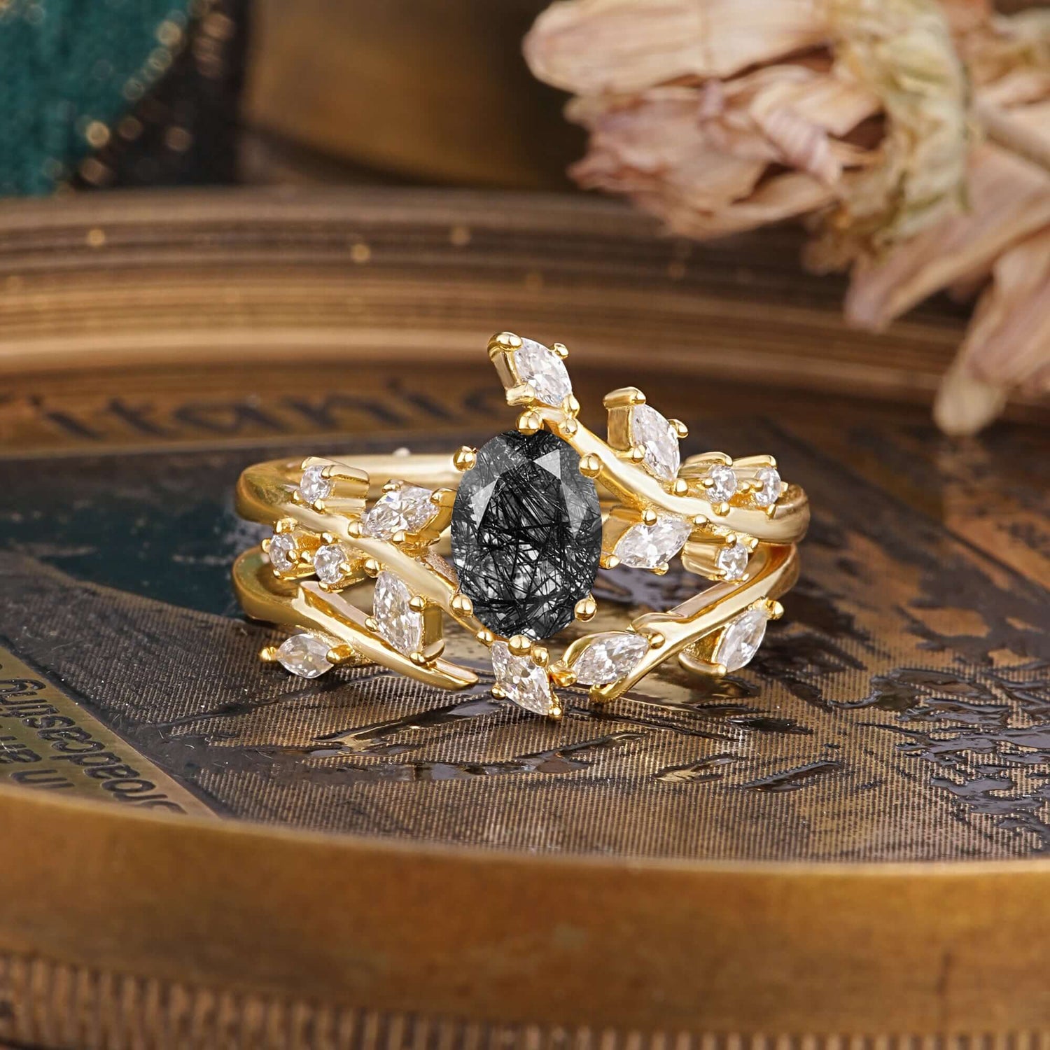 Romantic Nature-inspired 4-Prong Oval Cut Black Rutilated Quartz Bridal Ring Set