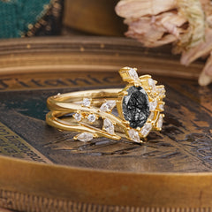 Romantic Nature-inspired 4-Prong Oval Cut Black Rutilated Quartz Stacking Ring