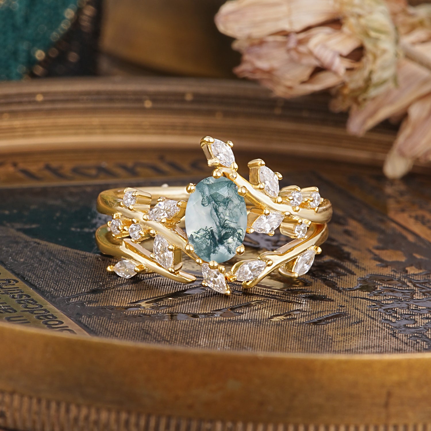 Romantic Nature-inspired 4-Prong Oval Cut Natural Moss Agate Bridal Ring Set