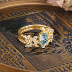 Romantic Nature-inspired 4-Prong Oval Cut Natural Moss Agate Stacking Ring