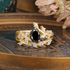 Romantic Nature-inspired 4-Prong Oval Cut Black Onyx Stacking Ring