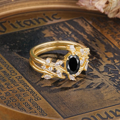 Romantic Nature-inspired 4-Prong Oval Cut Black Onyx Stacking Ring