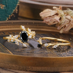 Romantic Nature-inspired 4-Prong Oval Cut Black Onyx Stacking Ring