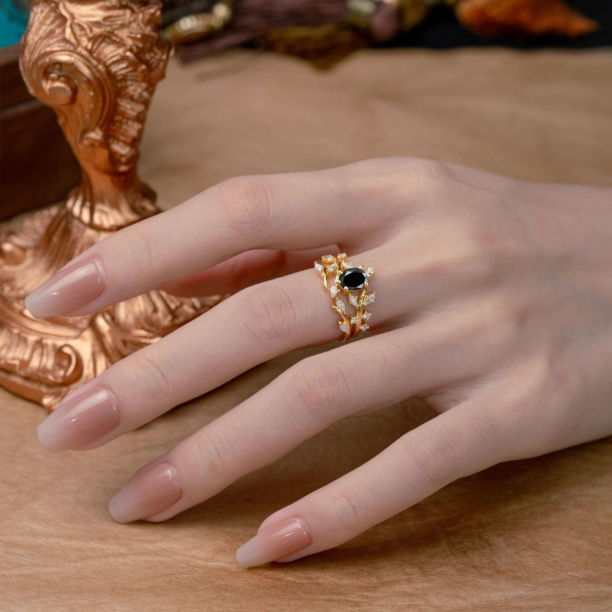 Romantic Nature-inspired 4-Prong Oval Cut Black Onyx Bridal Ring Set - Romalar Jewelry