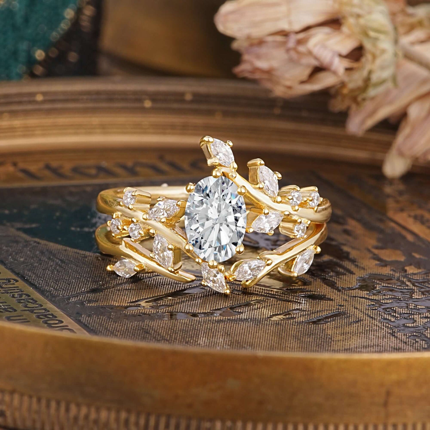 Romantic Nature-inspired 4-Prong Oval Cut Lab Diamond Bridal Ring Set