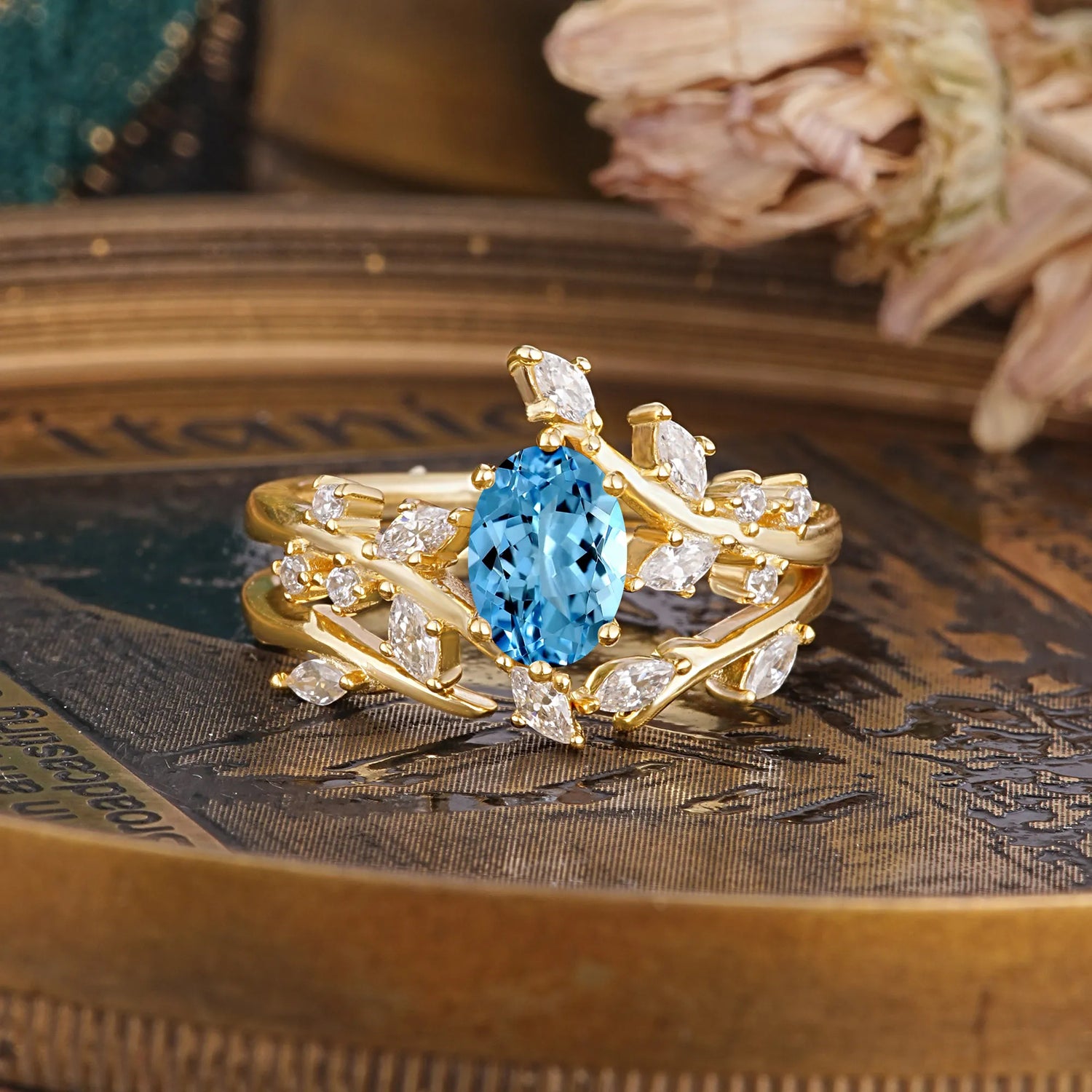 Romantic Nature-inspired 4-Prong Oval Cut Aquamarine Bridal Ring Set