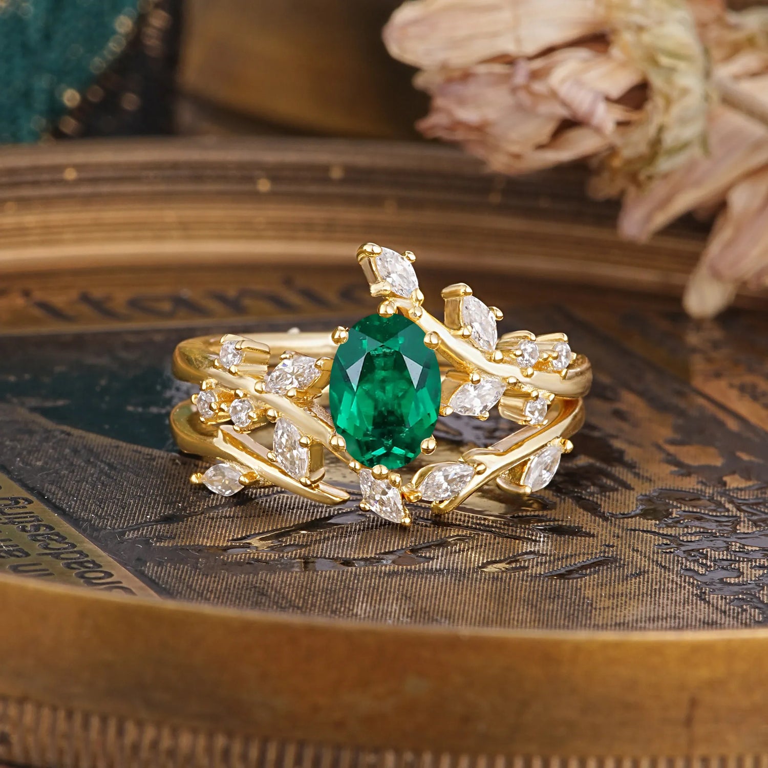Romantic Nature-inspired 4-Prong Oval Cut Emerald Bridal Ring Set - Romalar Jewelry