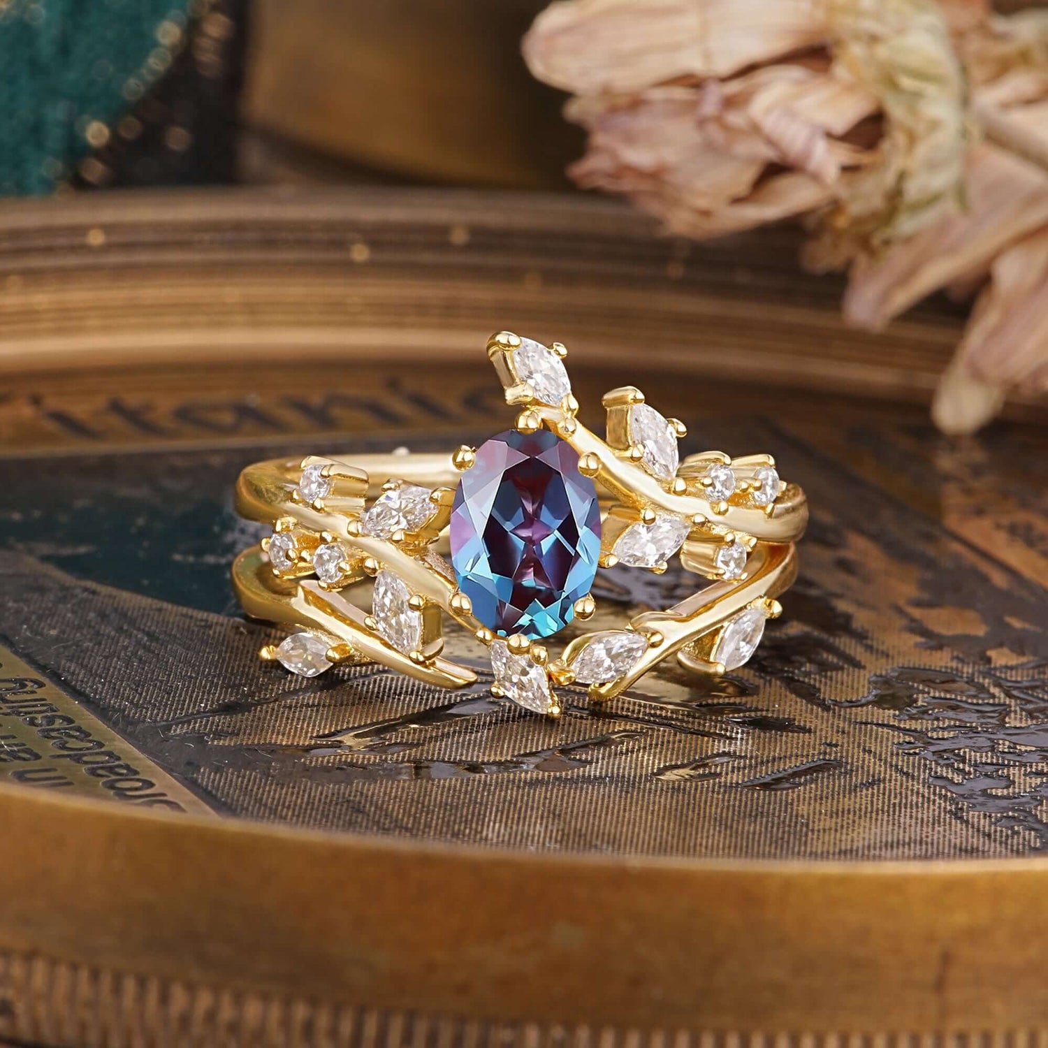 Romantic Nature-inspired 4-Prong Oval Cut Alexandrite Bridal Ring Set
