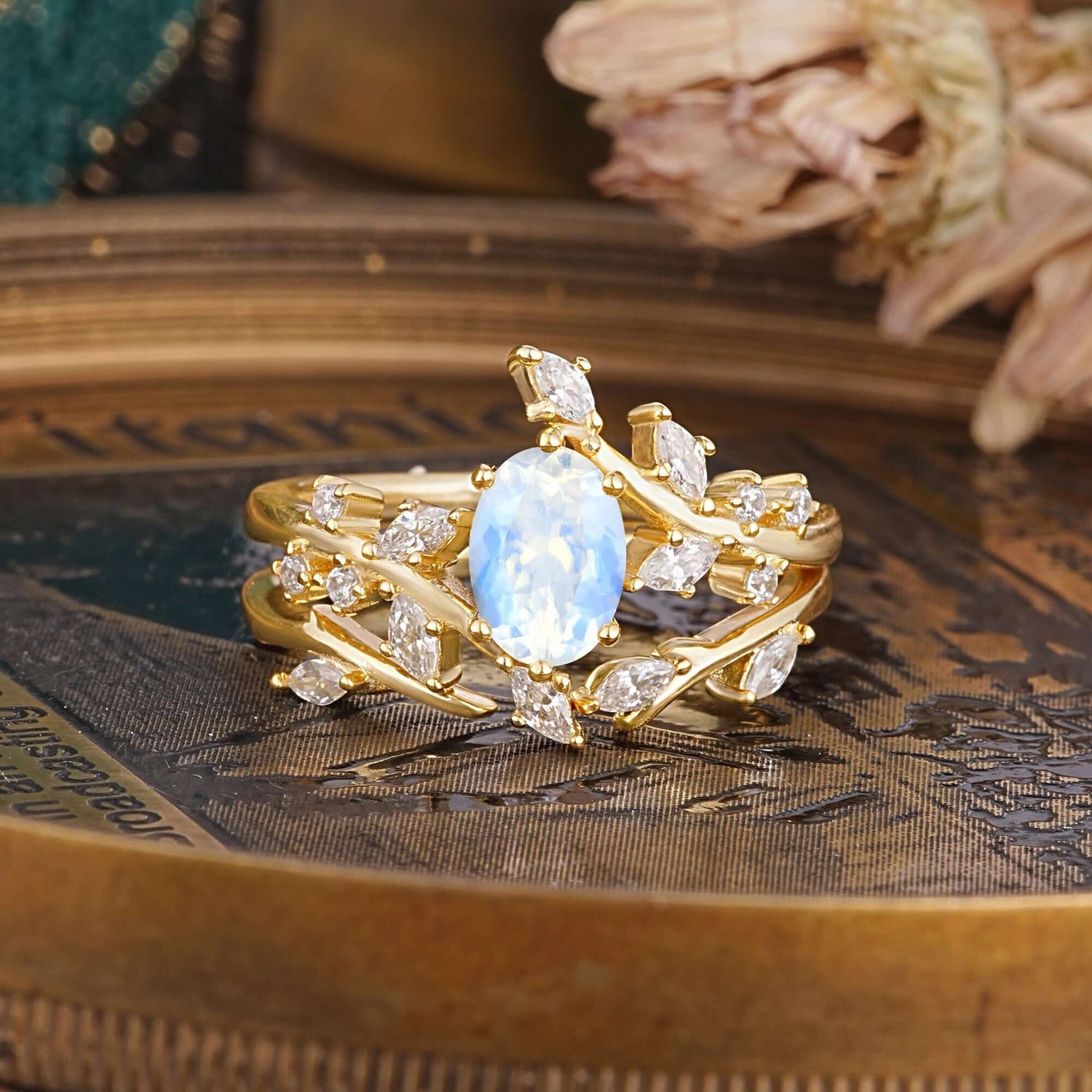 Romantic Nature-inspired 4-Prong Oval Cut Moonstone Bridal Ring Set - Romalar Jewelry