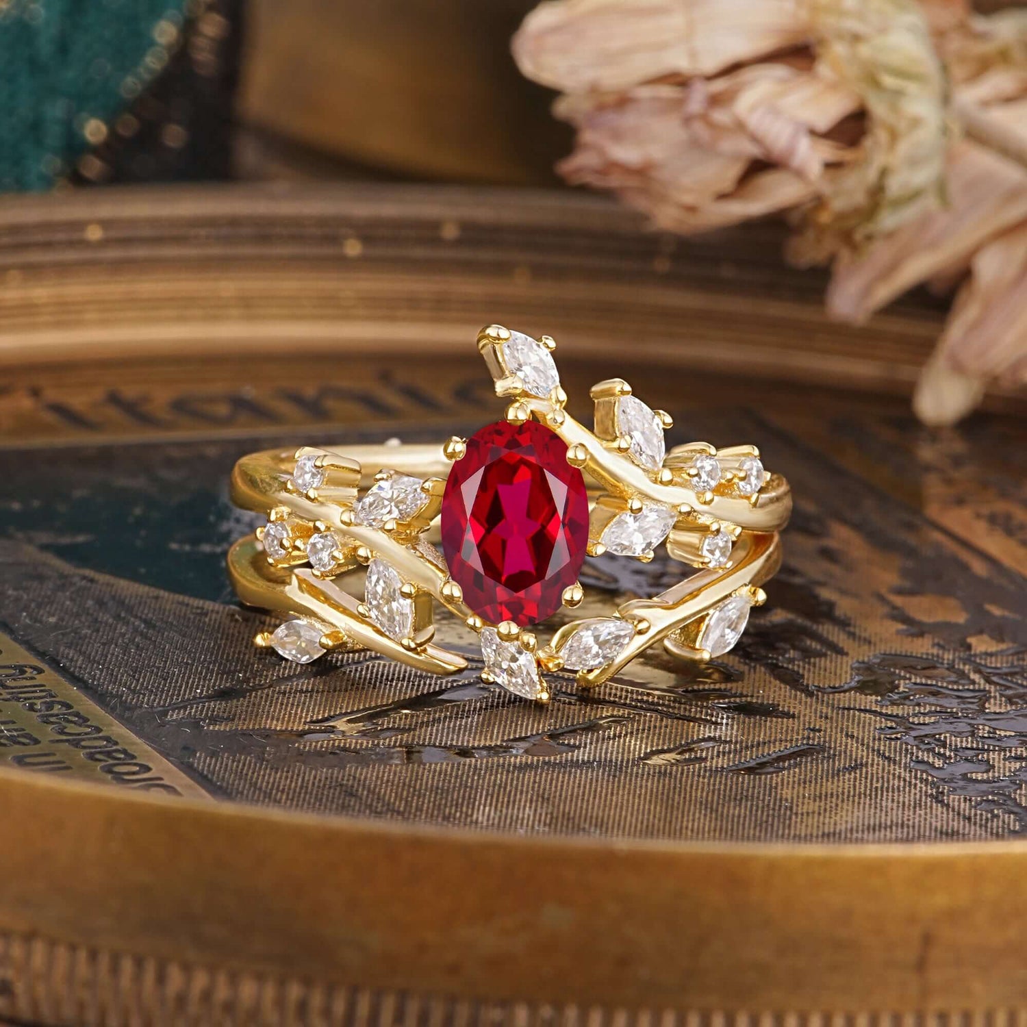 Romantic Nature-inspired 4-Prong Oval Cut Ruby Bridal Ring Set