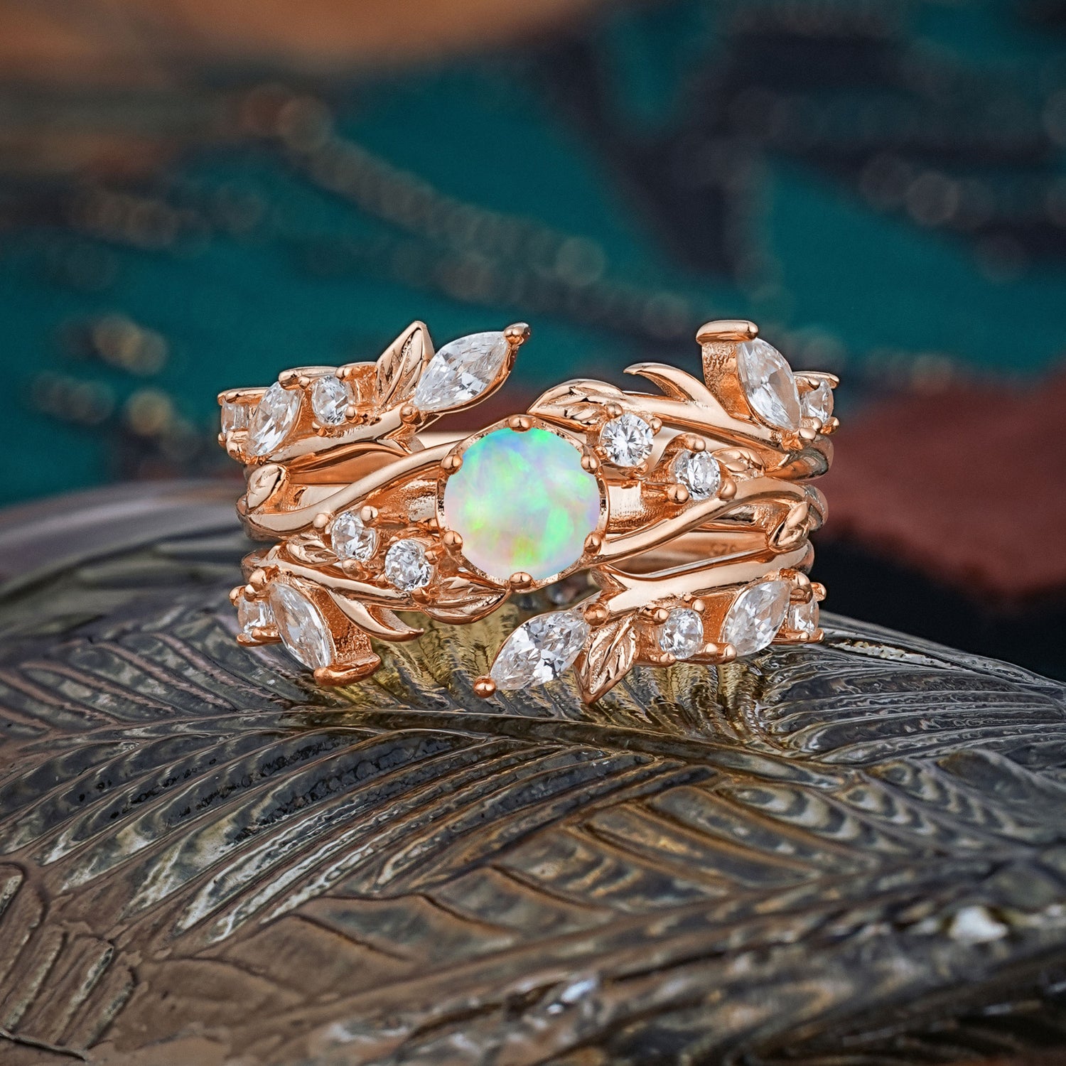 Romantic Nature-inspired 6-Prong Round Cut Opal Stacking Bridal Ring Set