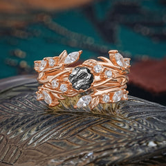 Romantic Nature-inspired 6-Prong Round Cut Natural Black Rutilated Quartz Stacking Ring