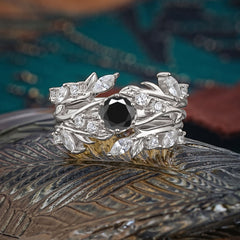 Romantic Nature-inspired 6-Prong Round Cut Natural Black Onyx Stacking Ring