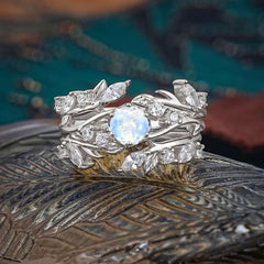 Romantic Nature-inspired 6-Prong Round Cut Natural Moonstone Stacking Ring