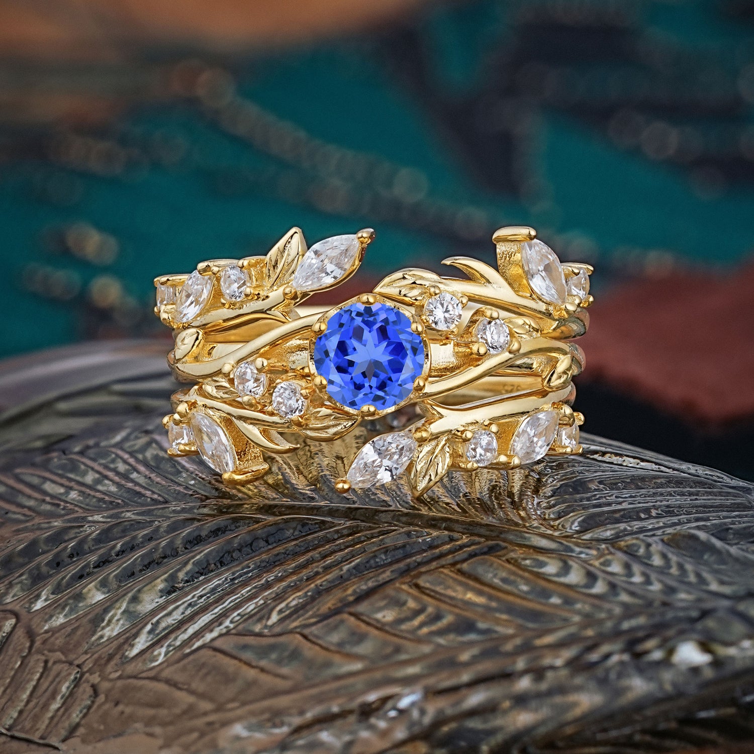 Romantic Nature-inspired 6-Prong Round Cut Sapphire Stacking Bridal Ring Set