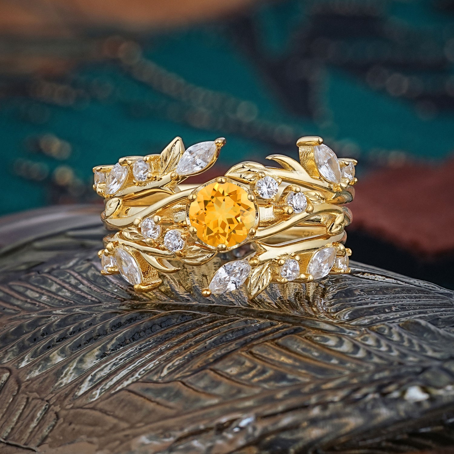 Romantic Nature-inspired 6-Prong Round Cut Citrine Stacking Bridal Ring Set