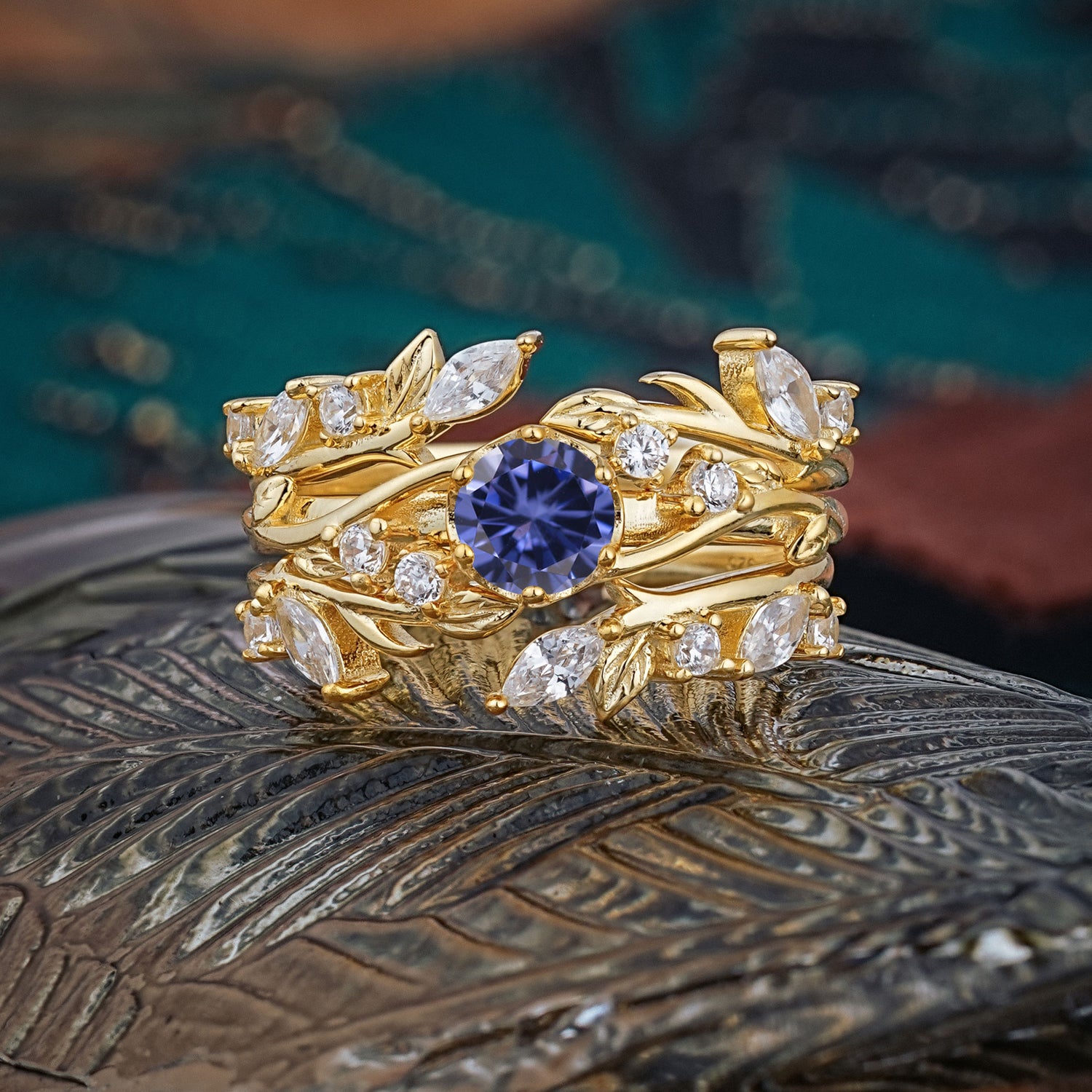 Romantic Nature-inspired 6-Prong Round Cut Natural Tanzanite Stacking Bridal Ring Set