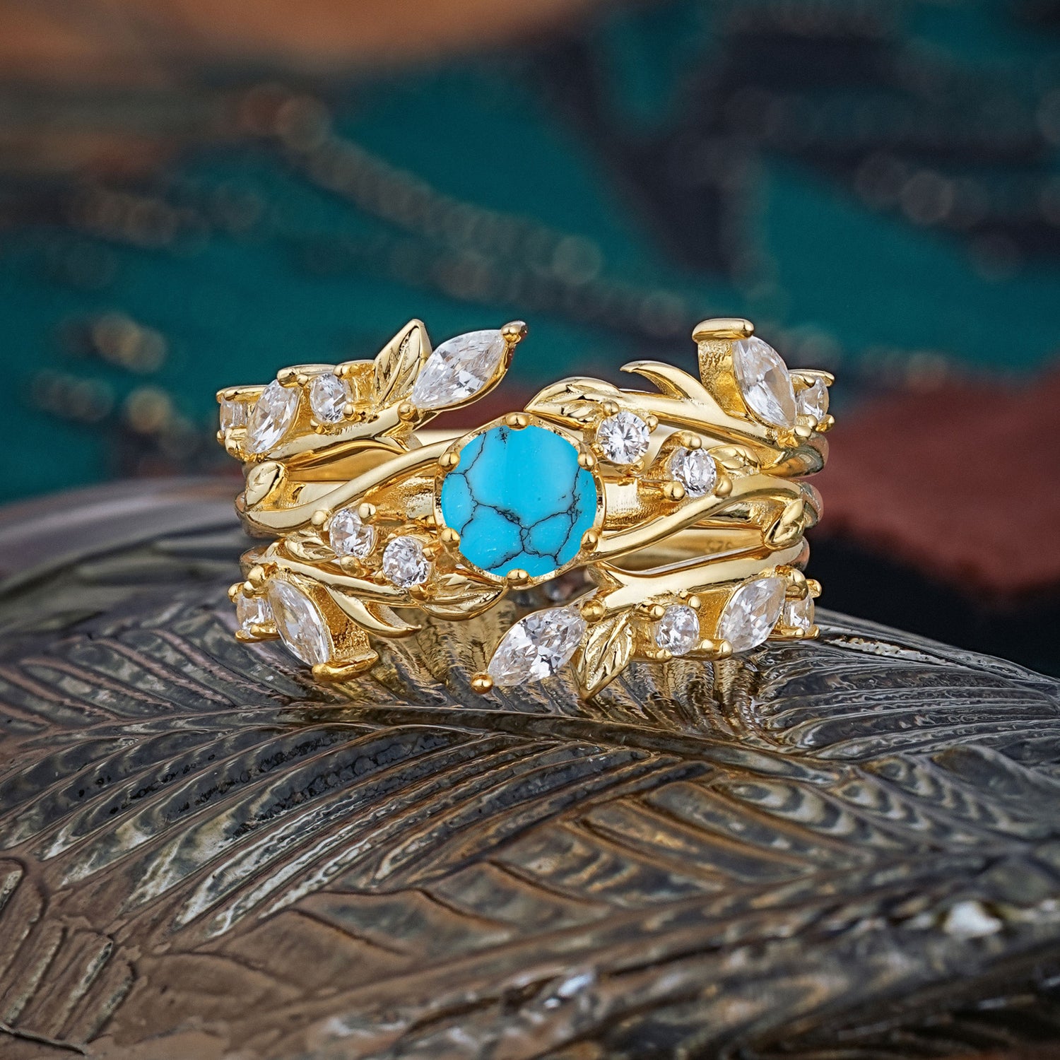 Romantic Nature-inspired 6-Prong Round Cut Turquoise Stacking Bridal Ring Set