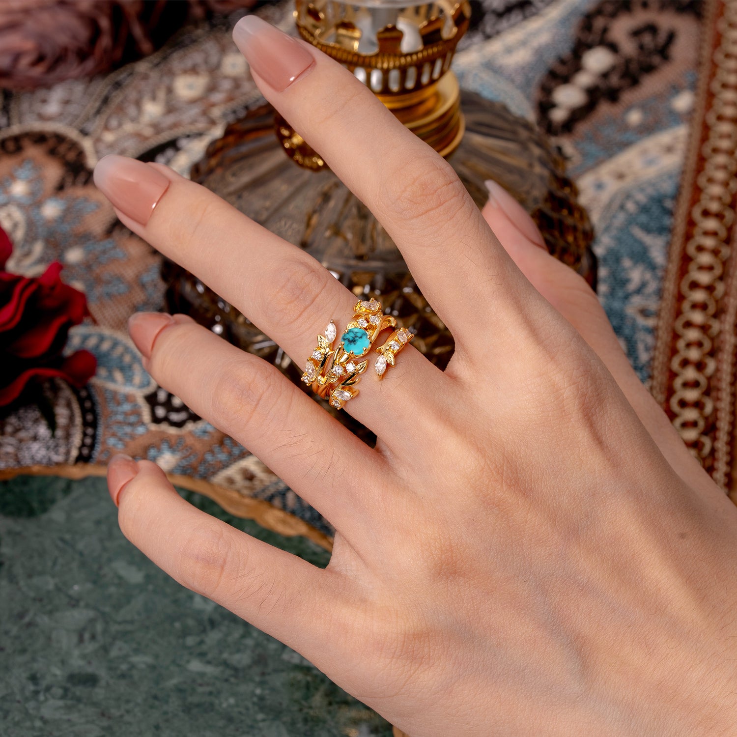 Romantic Nature-inspired 6-Prong Round Cut Turquoise Stacking Bridal Ring Set