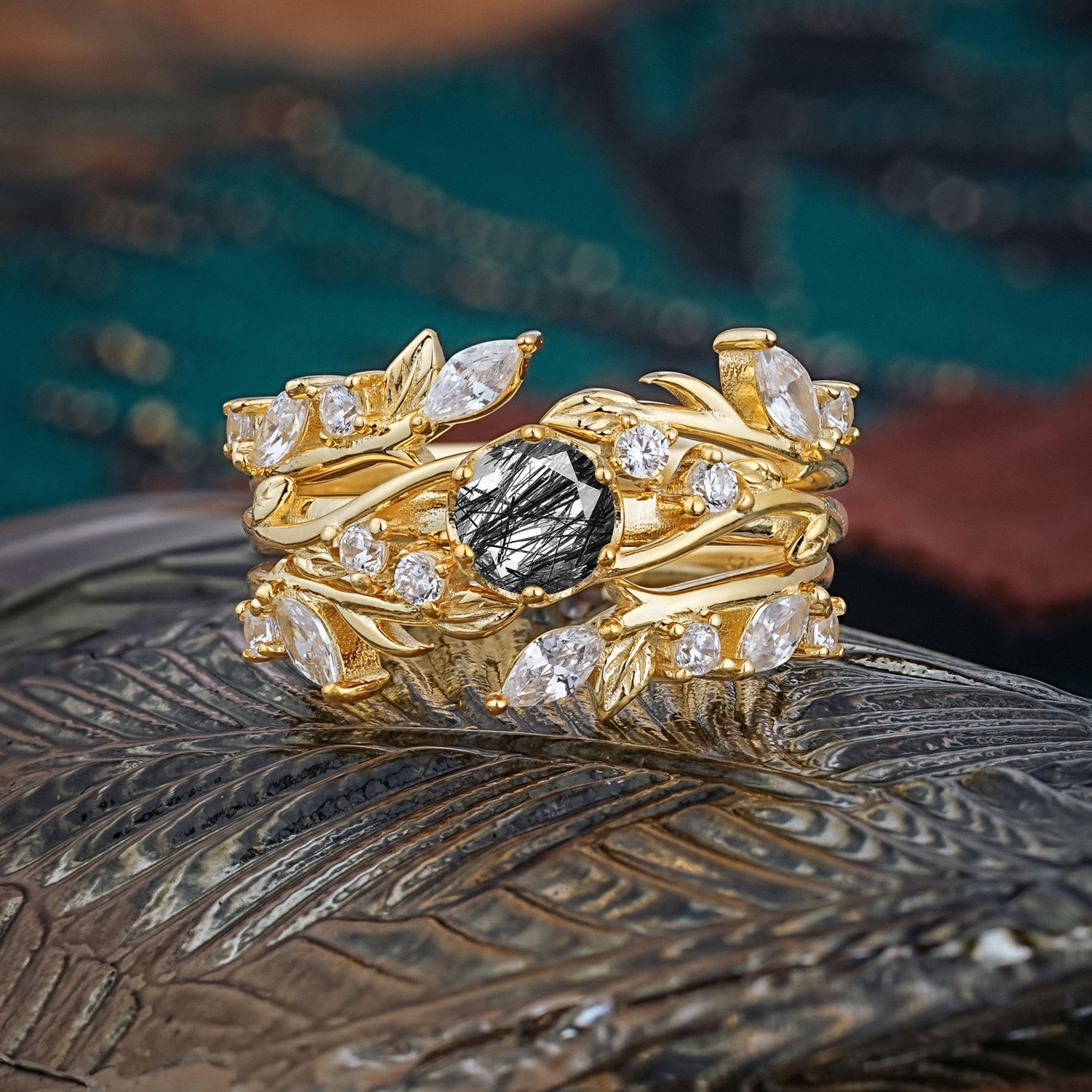 Romantic Nature-inspired 6-Prong Round Cut Natural Black Rutilated Quartz Stacking Bridal Ring Set