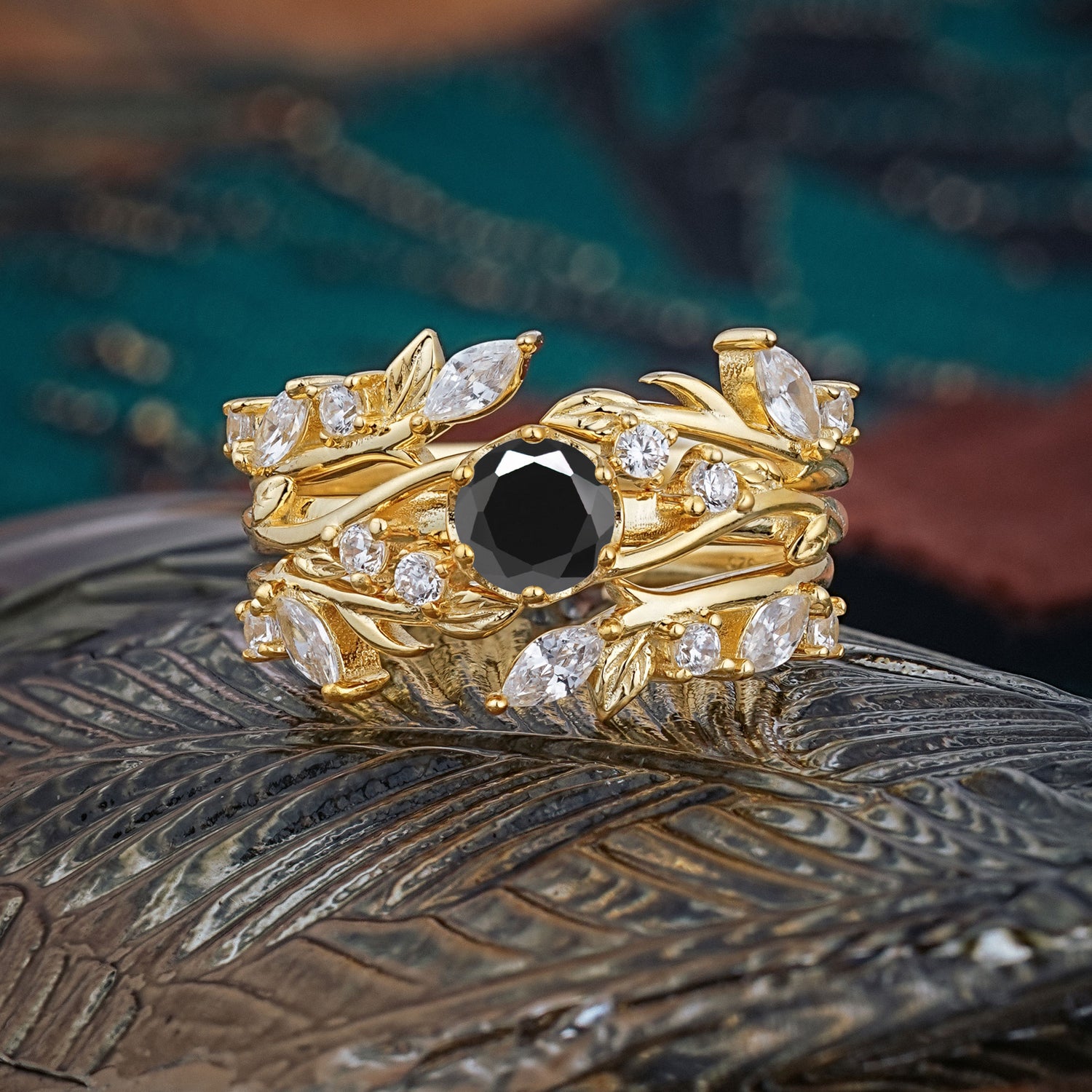 Romantic Nature-inspired 6-Prong Round Cut Natural Black Onyx Stacking Bridal Ring Set