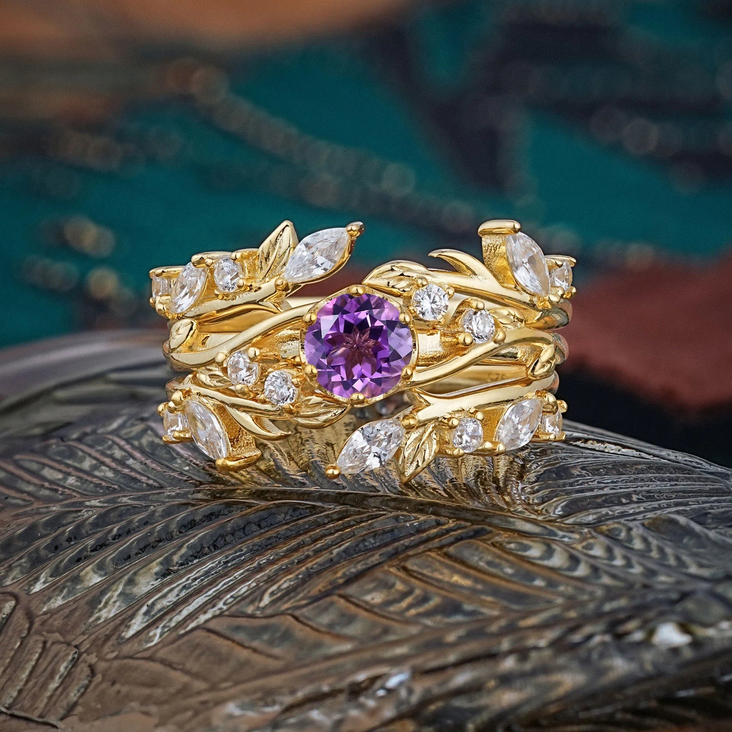 Romantic Nature-inspired 6-Prong Round Cut Natural Amethyst Stacking Bridal Ring Set