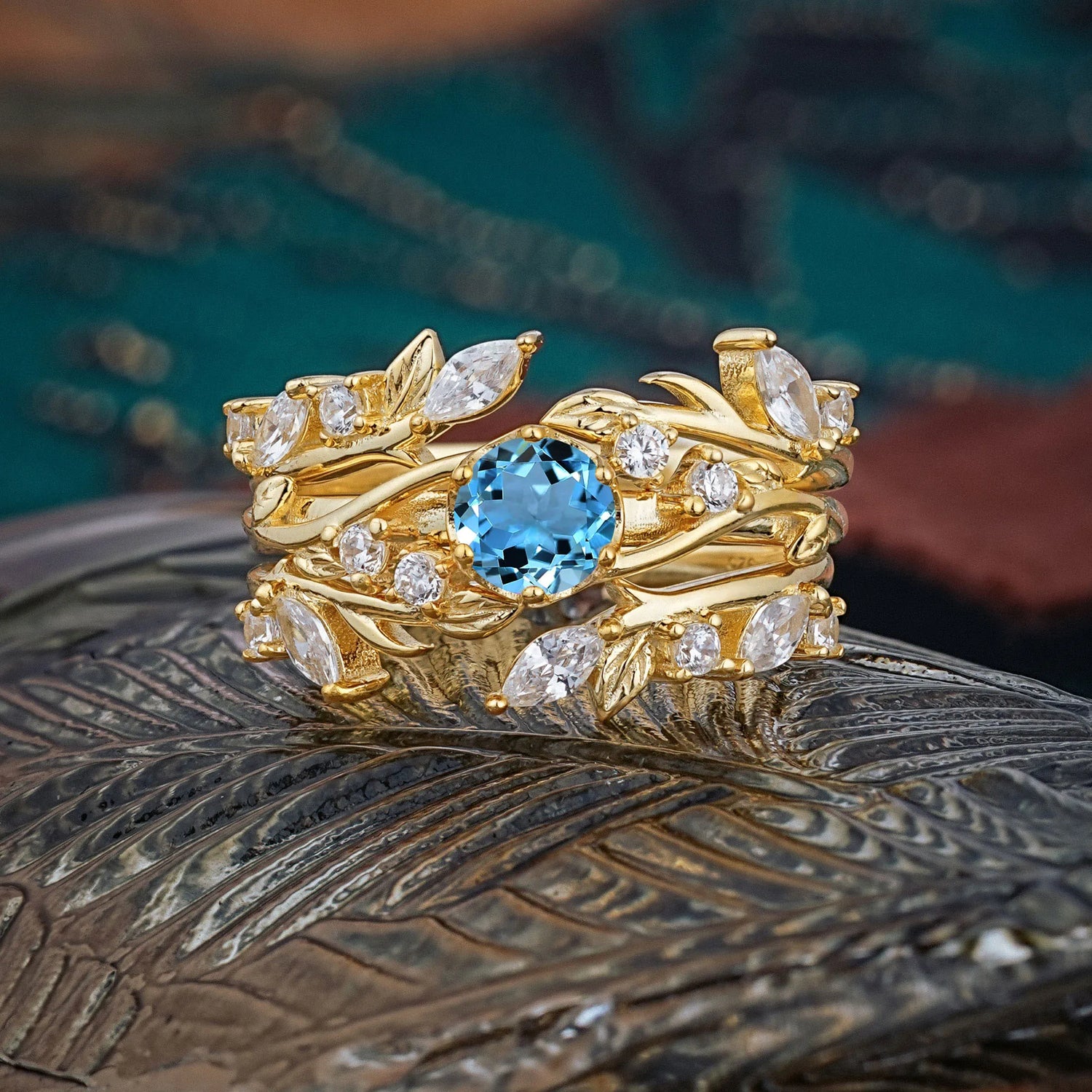 Romantic Nature-inspired 6-Prong Round Cut Aquamarine Stacking Bridal Ring Set