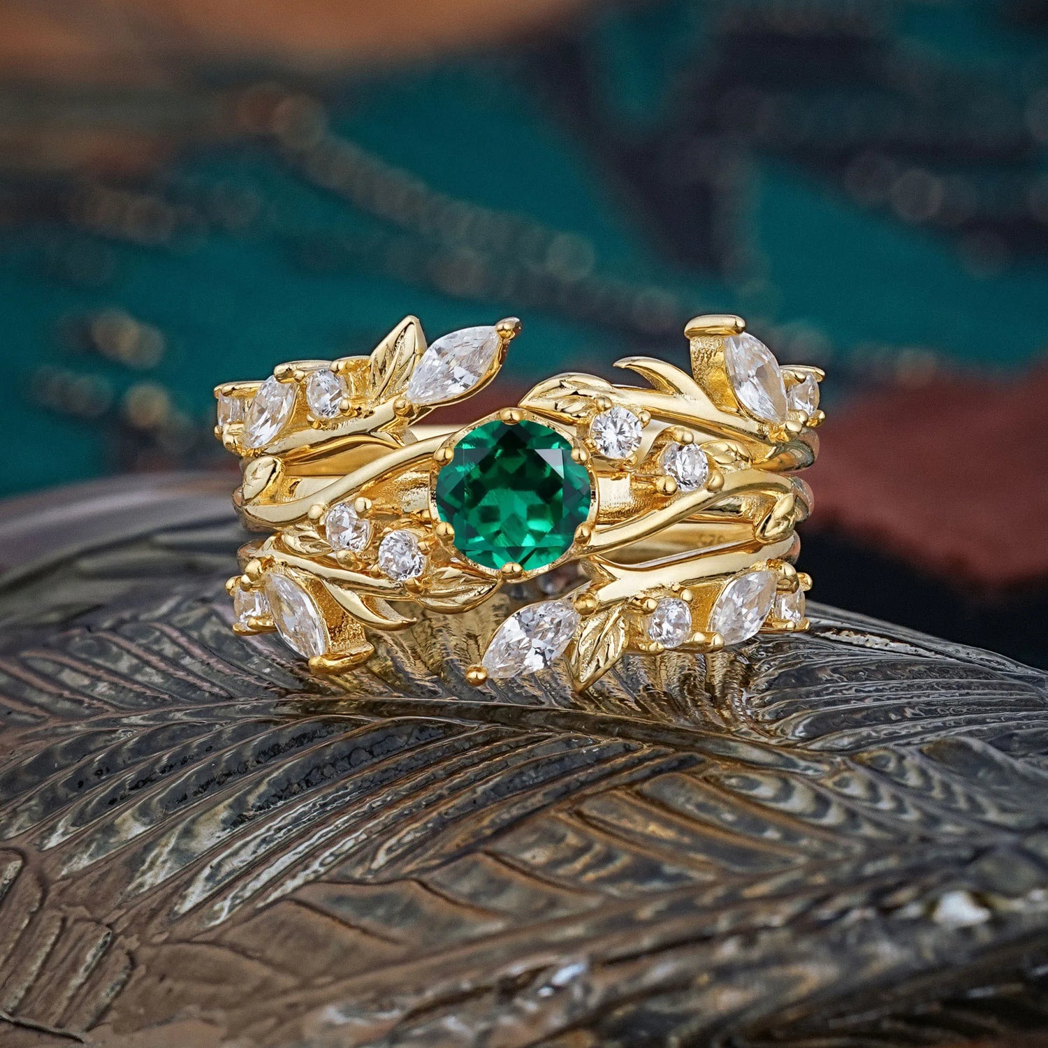 Romantic Nature-inspired 6-Prong Round Cut Emerald Stacking Bridal Ring Set