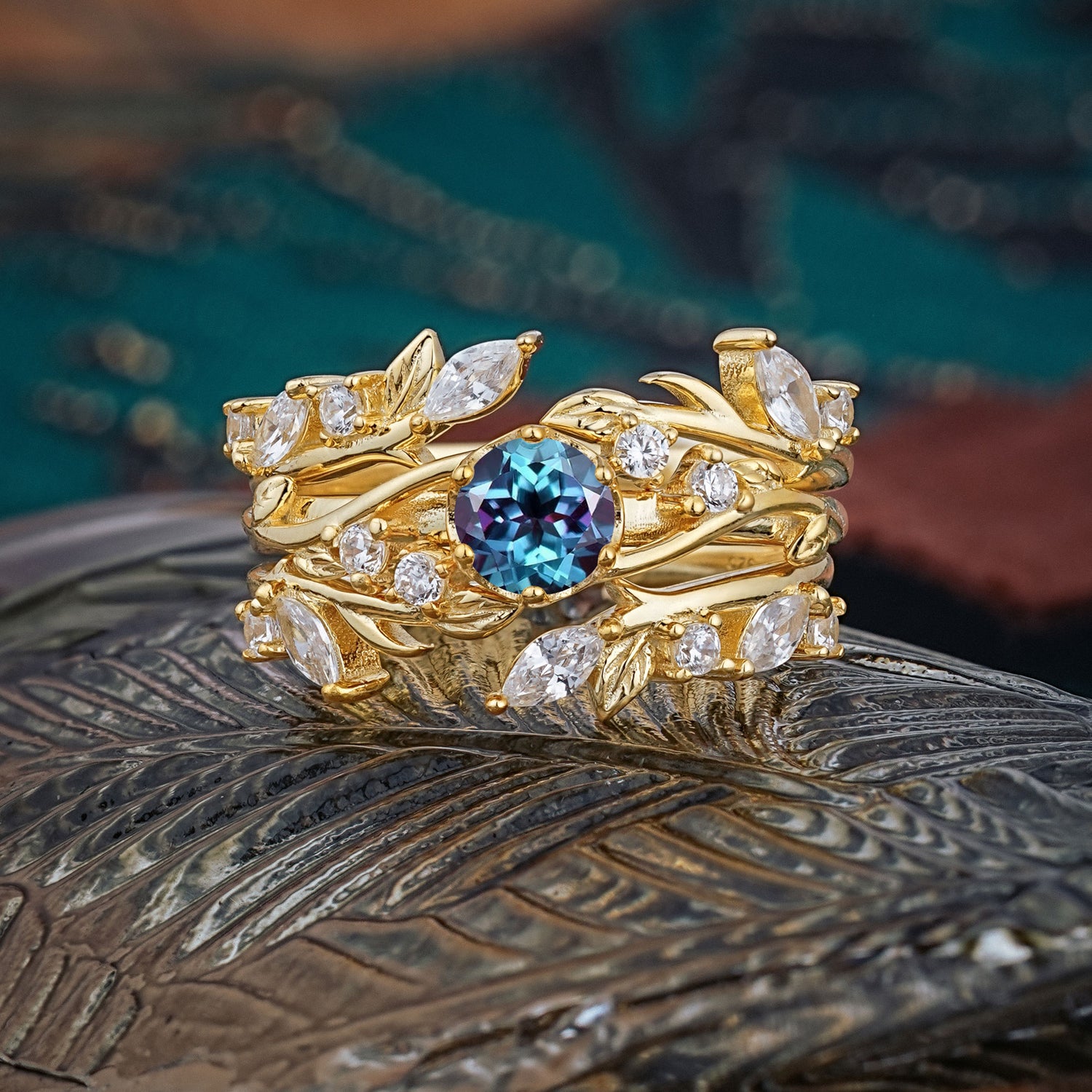 Romantic Nature-inspired 6-Prong Round Cut Alexandrite Stacking Bridal Ring Set