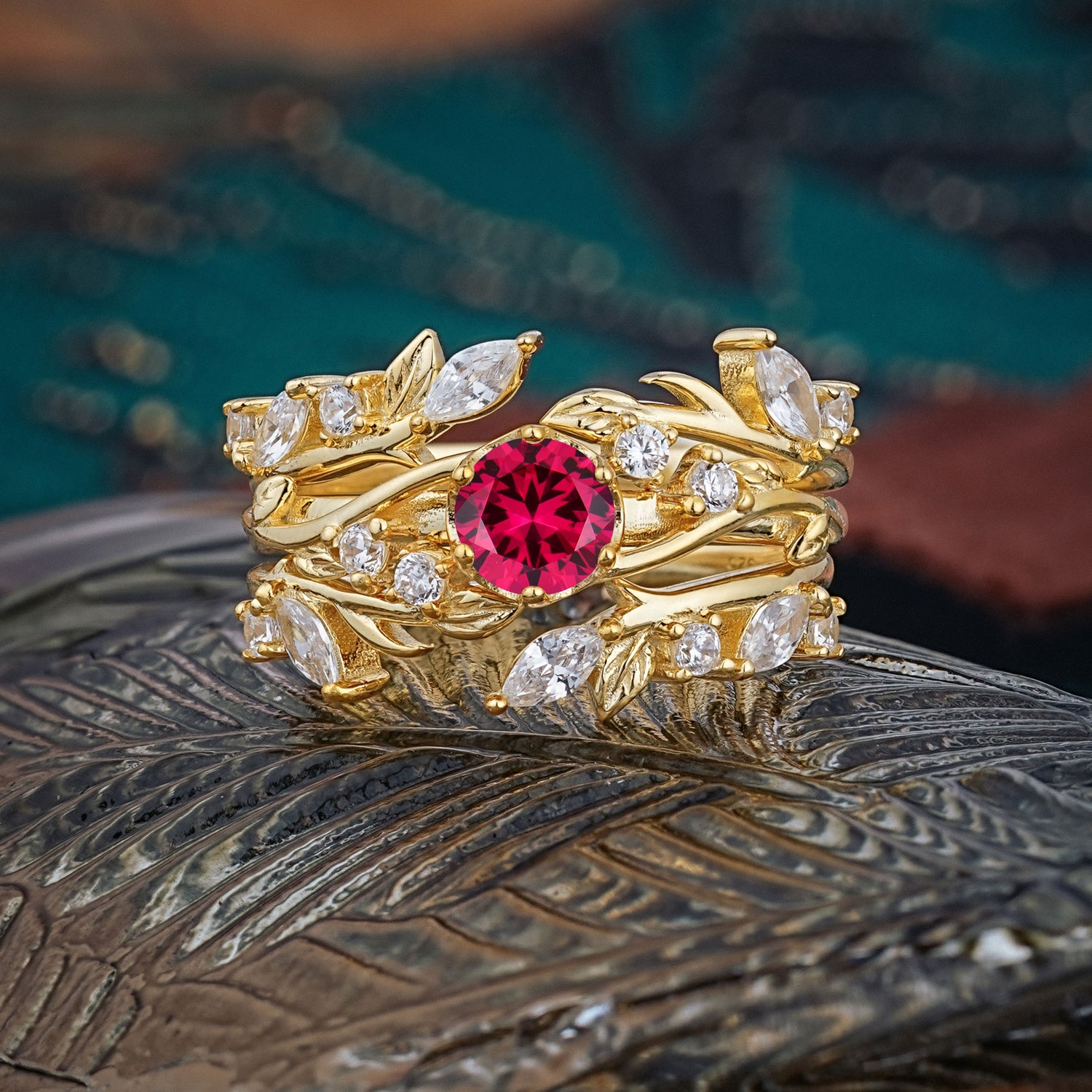 Romantic Nature-inspired 6-Prong Round Cut Ruby Stacking Bridal Ring Set